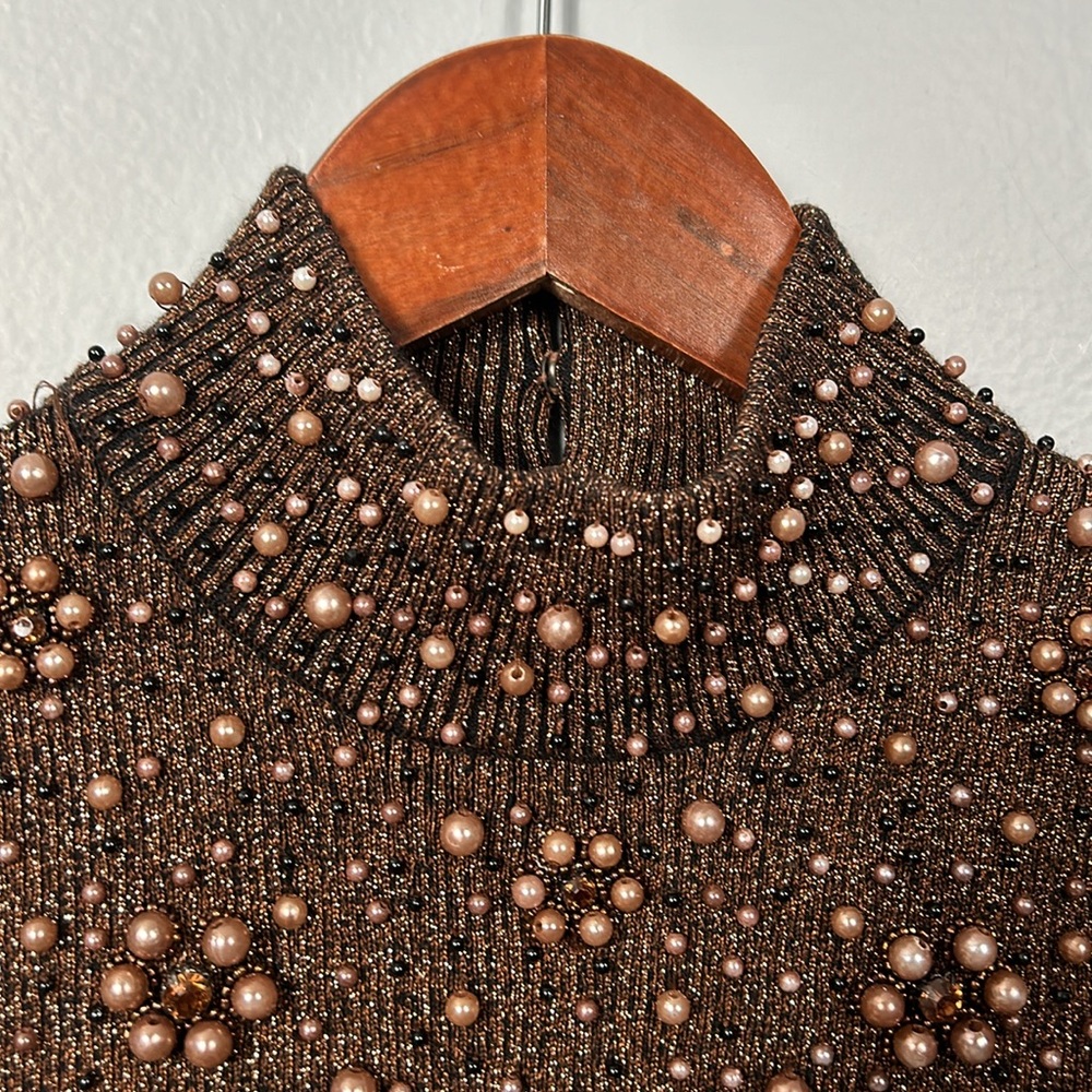 Vintage Brown Pearl beaded mock neck sleeveless top size Small - Picture 6 of 9